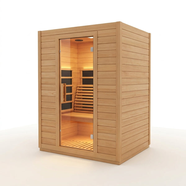 Far Infrared Sauna for Home, Home Indoor Infrared Sauna for 2-Person, Canadian Hemlock Wood Sauna Room with Low Emf Red Light Therapy, 9 Chromotherapy Lights, Bluetooth Speakers — Studio Shot