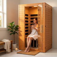 Far Infrared Sauna for Home, Home Indoor Infrared Sauna for 2-Person, Canadian Hemlock Wood Sauna Room with Low Emf Red Light Therapy, 9 Chromotherapy Lights, Bluetooth Speakers — Lifestyle